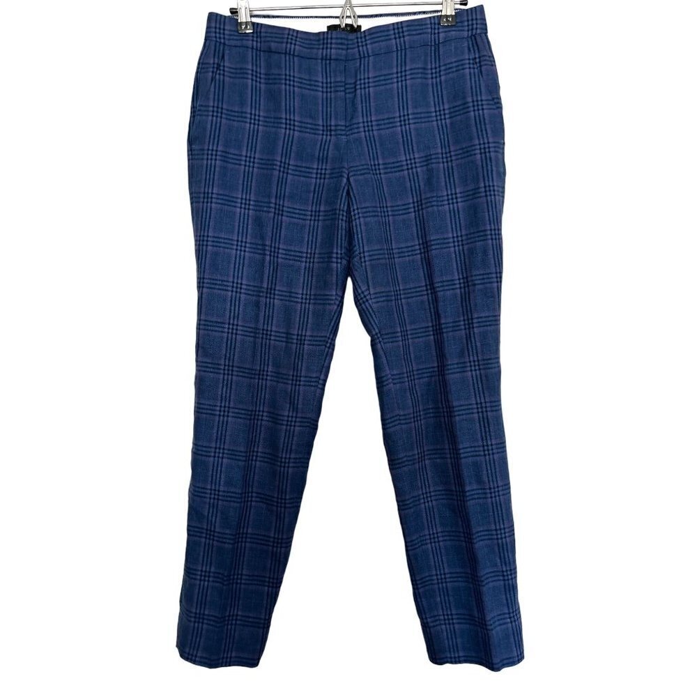 J.CREW Linen Cotton Trousers Pants Strait Cut Blue Tartan Plaid Size 4